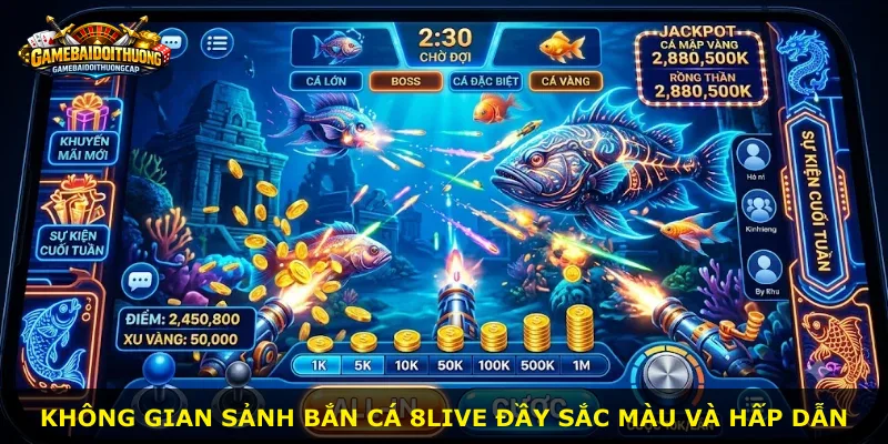 Không gian sảnh bắn cá 8live đầy sắc màu và hấp dẫn
